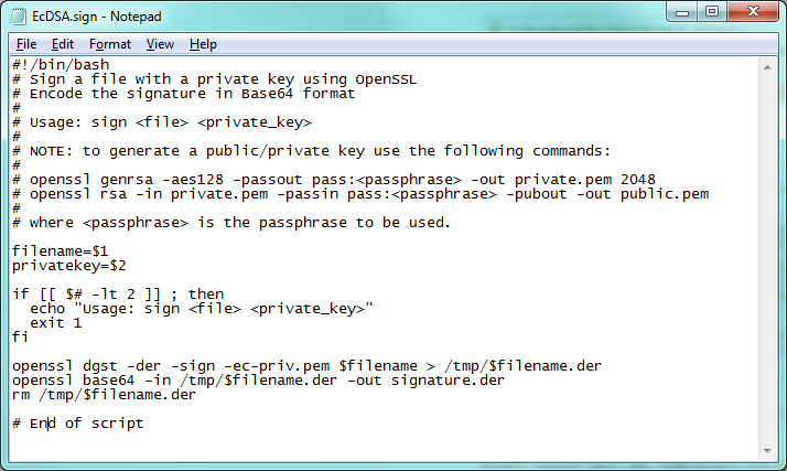 Notepad window titled "EcDSA.sign" showing a bash script that signs a file with openssl dgst -der -sign and encodes the result with openssl base64 into signature.der