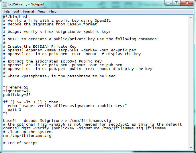 Notepad window titled "EcDSA.verify" showing a bash script that base64-decodes a signature and checks it with openssl dgst -verify against a public key