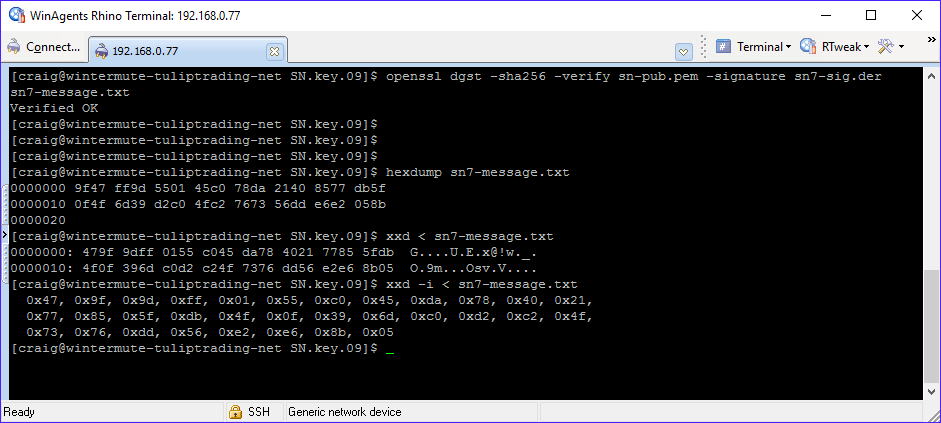 Terminal screenshot on a host named wintermute-tuliptrading-net: openssl dgst -sha256 -verify on sn7-message.txt returns "Verified OK", followed by hexdump and xxd listings of the file's 32 bytes