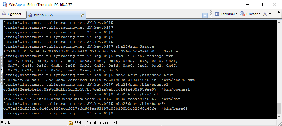 Terminal screenshot: sha256sum on a file named Sartre returns a hash beginning 479f9dff0155c045da784021, matching the bytes of sn7-message.txt shown by xxd, followed by sha256sum of /bin/sha256sum, /bin/openssl, /bin/cat and /bin/base64