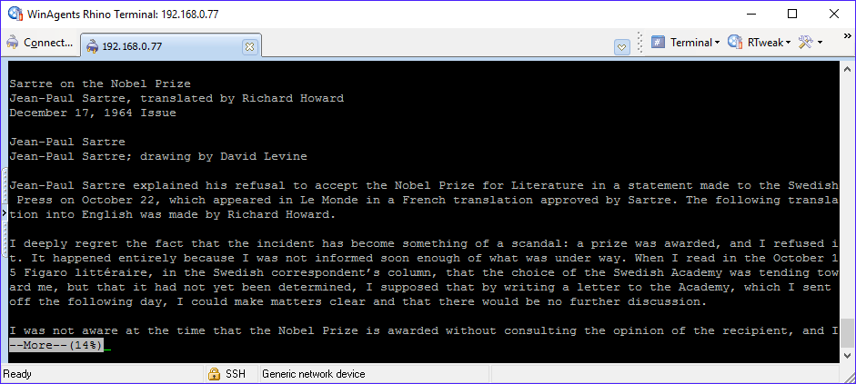 Terminal screenshot of a text file headed "Sartre on the Nobel Prize, Jean-Paul Sartre, translated by Richard Howard, December 17, 1964 Issue", opening Sartre's statement explaining his refusal of the Nobel Prize for Literature