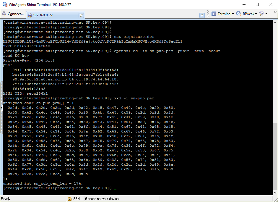 Terminal screenshot: cat signiture.der prints a base64 signature, openssl ec prints a secp256k1 public key beginning 04:11:db:93:e1:dc:db:8a, and xxd -i dumps the bytes of sn-pub.pem
