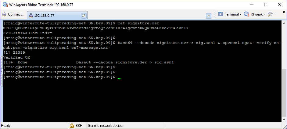 Terminal screenshot: cat signiture.der prints the same base64 signature, then base64 --decode piped into openssl dgst -verify with sn-pub.pem returns "Verified OK"